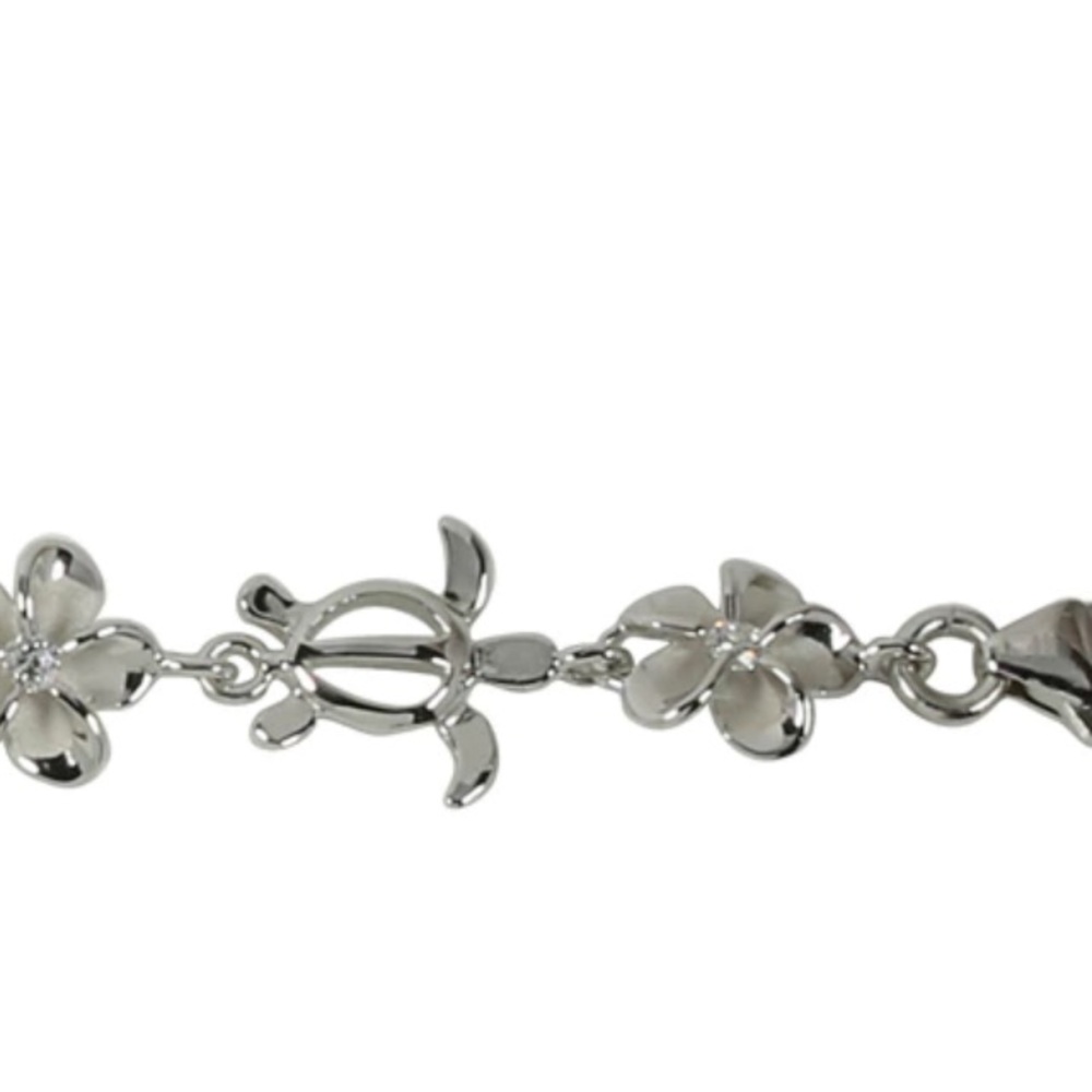 Sterling Silver Rhodium Plated Honu(Hawaiian Turtle) & 8mm Plumeria wCZ Bracelet